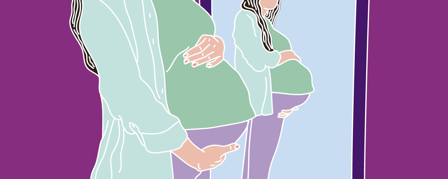 Illustration of pregnant woman looking in mirror